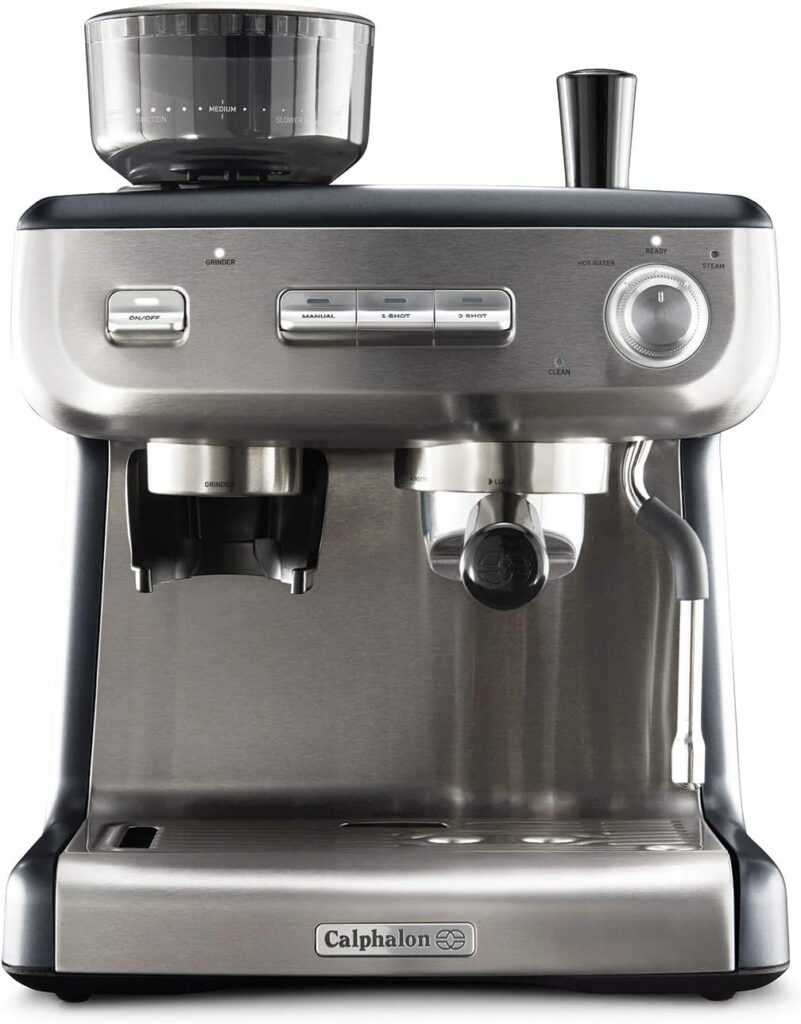 Calphalon Espresso Machine with Coffee Grinder, Tamper, Milk Frothing Pitcher, and Steam Wand